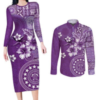Cook Islands Couples Matching Long Sleeve Bodycon Dress and Long Sleeve Button Shirt Purple Hibiscus And Stars LT05 Purple - Polynesian Pride