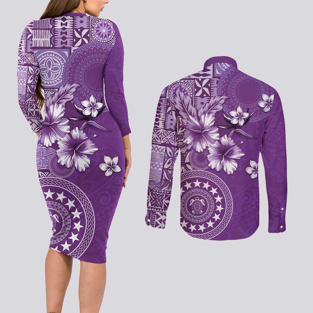 Cook Islands Couples Matching Long Sleeve Bodycon Dress and Long Sleeve Button Shirt Purple Hibiscus And Stars LT05 - Polynesian Pride