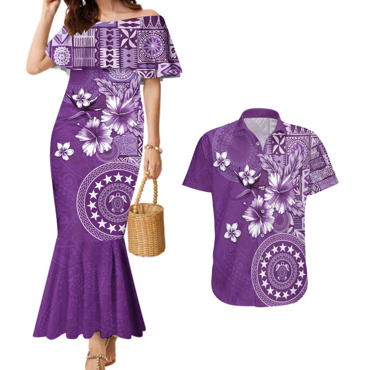 Cook Islands Couples Matching Mermaid Dress and Hawaiian Shirt Purple Hibiscus And Stars LT05 Purple - Polynesian Pride