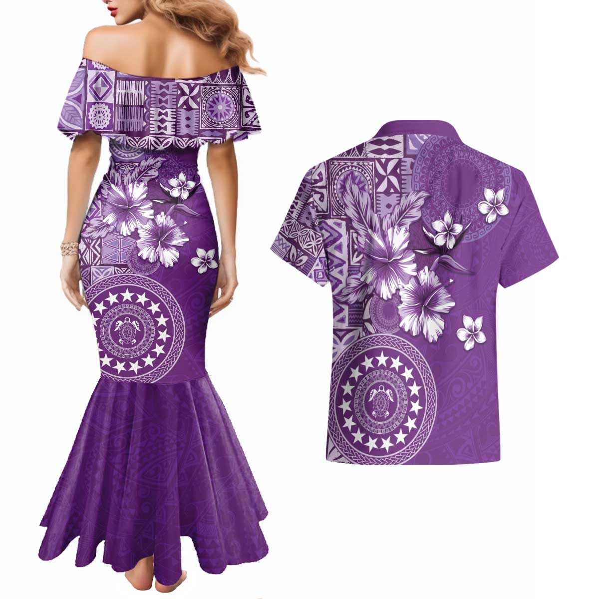Cook Islands Couples Matching Mermaid Dress and Hawaiian Shirt Purple Hibiscus And Stars LT05 - Polynesian Pride