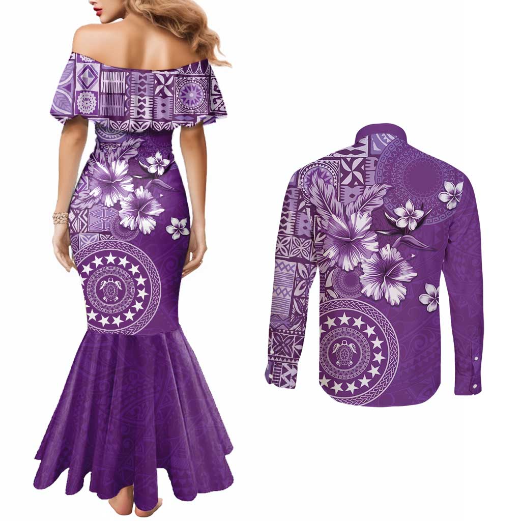 Cook Islands Couples Matching Mermaid Dress and Long Sleeve Button Shirt Purple Hibiscus And Stars LT05 - Polynesian Pride