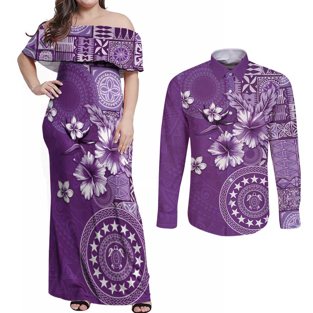 Cook Islands Couples Matching Off Shoulder Maxi Dress and Long Sleeve Button Shirt Purple Hibiscus And Stars LT05 Purple - Polynesian Pride