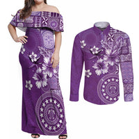 Cook Islands Couples Matching Off Shoulder Maxi Dress and Long Sleeve Button Shirt Purple Hibiscus And Stars LT05 Purple - Polynesian Pride