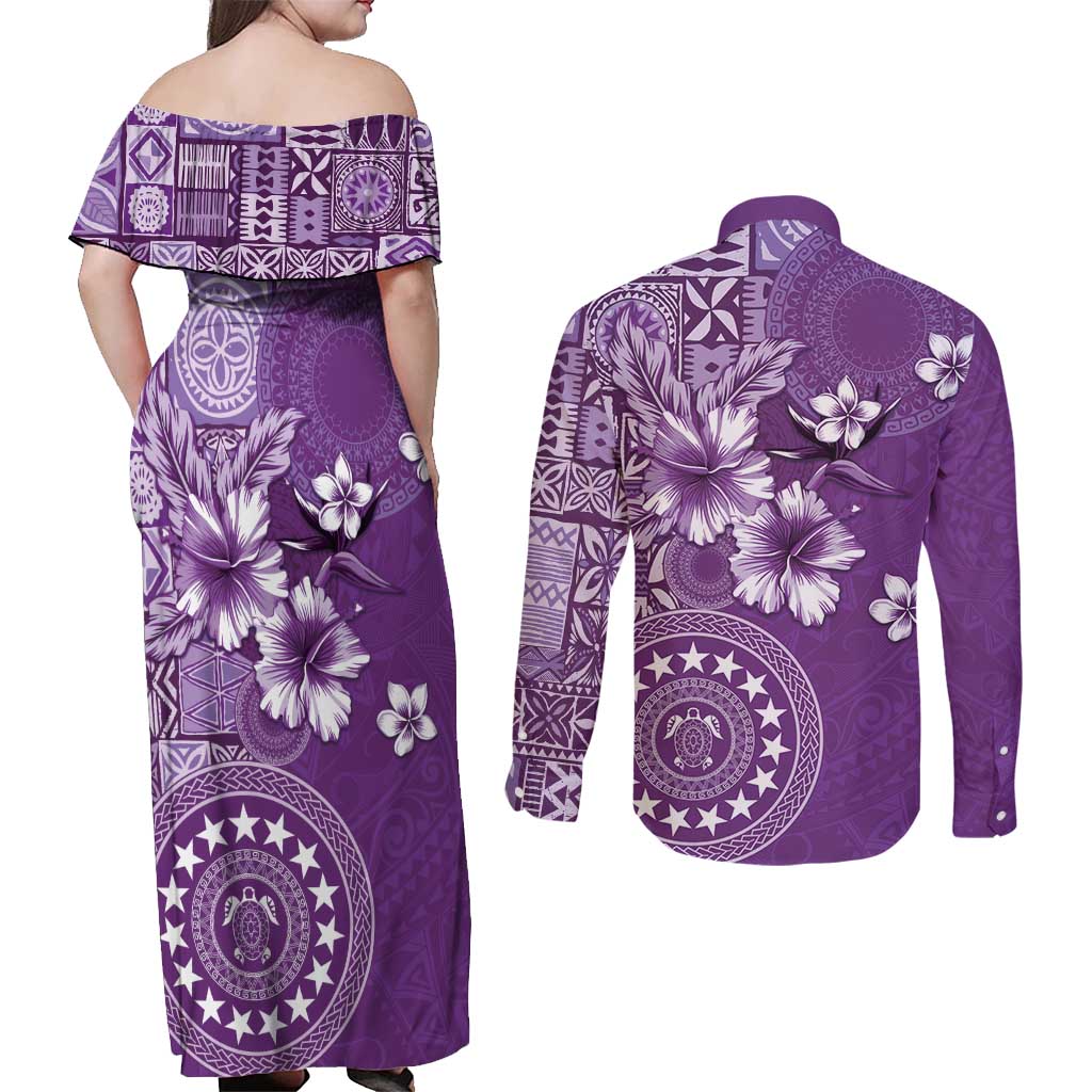 Cook Islands Couples Matching Off Shoulder Maxi Dress and Long Sleeve Button Shirt Purple Hibiscus And Stars LT05 - Polynesian Pride