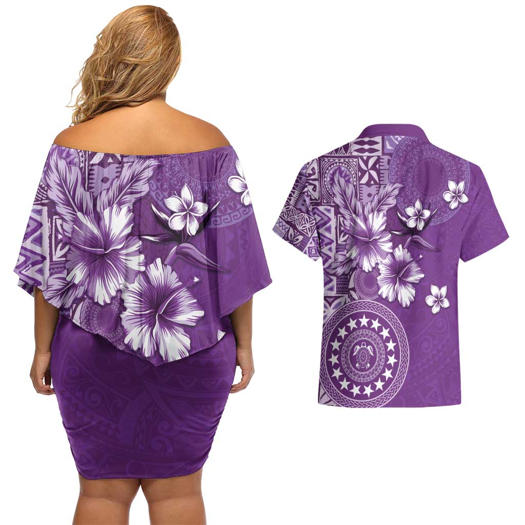 Cook Islands Couples Matching Off Shoulder Short Dress and Hawaiian Shirt Purple Hibiscus And Stars LT05 - Polynesian Pride