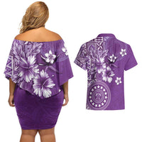 Cook Islands Couples Matching Off Shoulder Short Dress and Hawaiian Shirt Purple Hibiscus And Stars LT05 - Polynesian Pride
