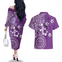 Cook Islands Couples Matching Off The Shoulder Long Sleeve Dress and Hawaiian Shirt Purple Hibiscus And Stars LT05 - Polynesian Pride