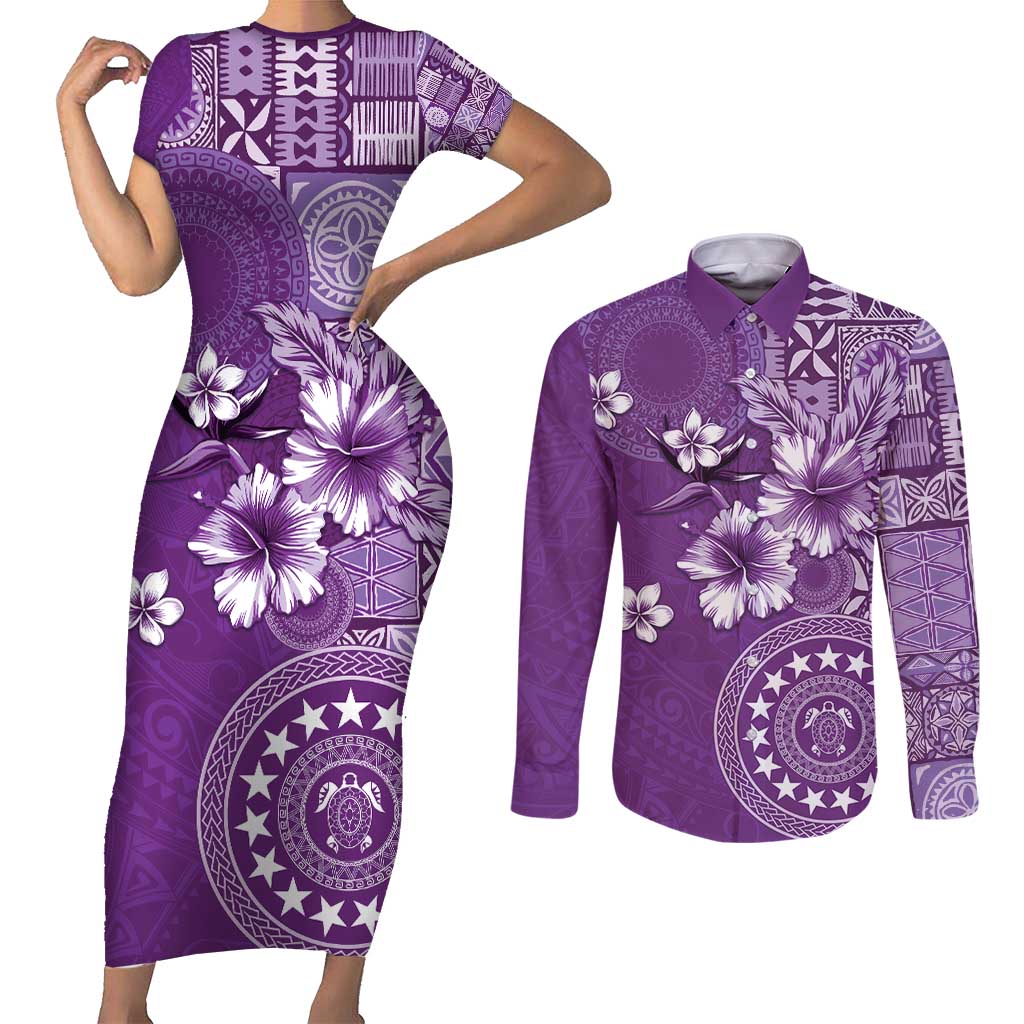 Cook Islands Couples Matching Short Sleeve Bodycon Dress and Long Sleeve Button Shirt Purple Hibiscus And Stars LT05 Purple - Polynesian Pride
