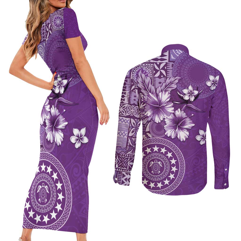 Cook Islands Couples Matching Short Sleeve Bodycon Dress and Long Sleeve Button Shirt Purple Hibiscus And Stars LT05 - Polynesian Pride
