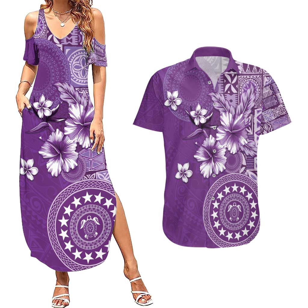 Cook Islands Couples Matching Summer Maxi Dress and Hawaiian Shirt Purple Hibiscus And Stars LT05 Purple - Polynesian Pride