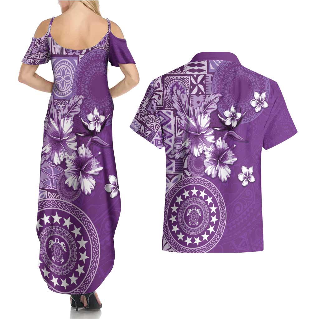 Cook Islands Couples Matching Summer Maxi Dress and Hawaiian Shirt Purple Hibiscus And Stars LT05 - Polynesian Pride
