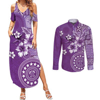 Cook Islands Couples Matching Summer Maxi Dress and Long Sleeve Button Shirt Purple Hibiscus And Stars LT05 Purple - Polynesian Pride
