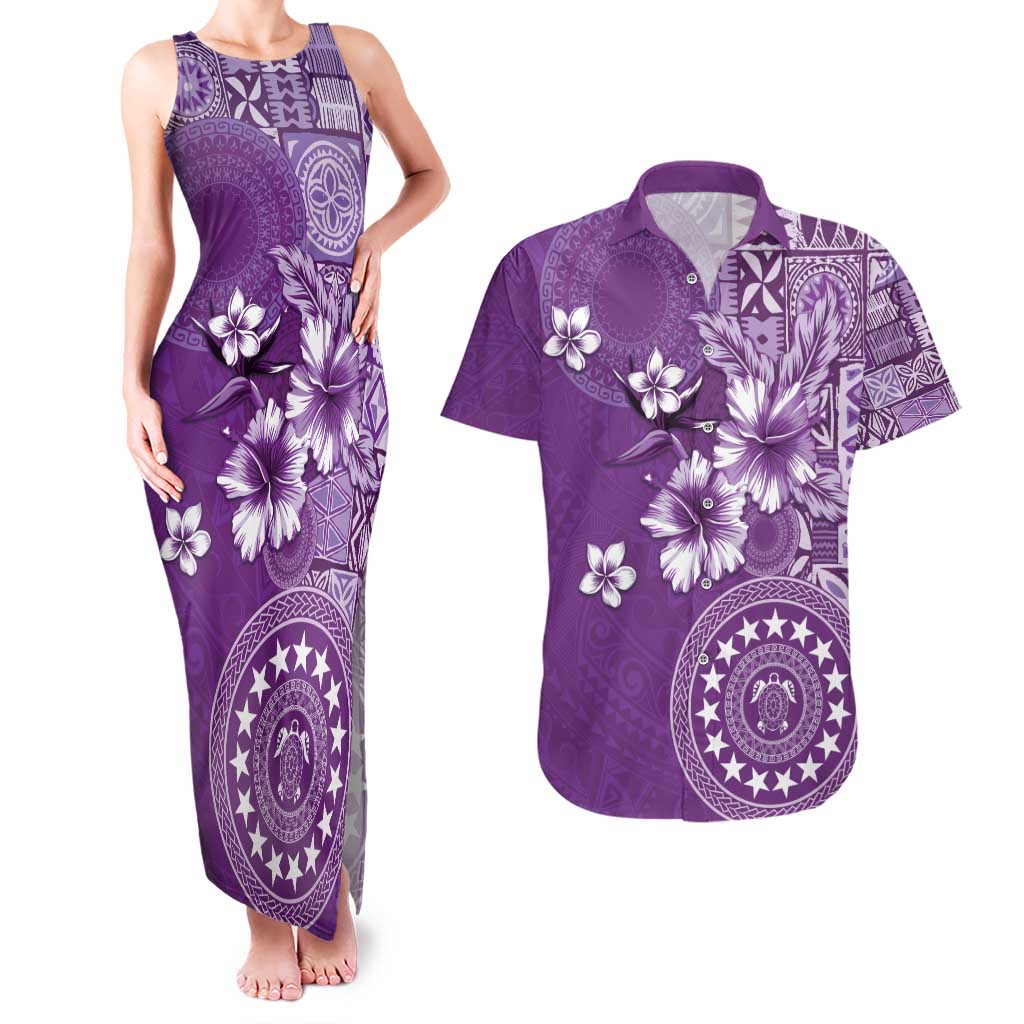 Cook Islands Couples Matching Tank Maxi Dress and Hawaiian Shirt Purple Hibiscus And Stars LT05 Purple - Polynesian Pride