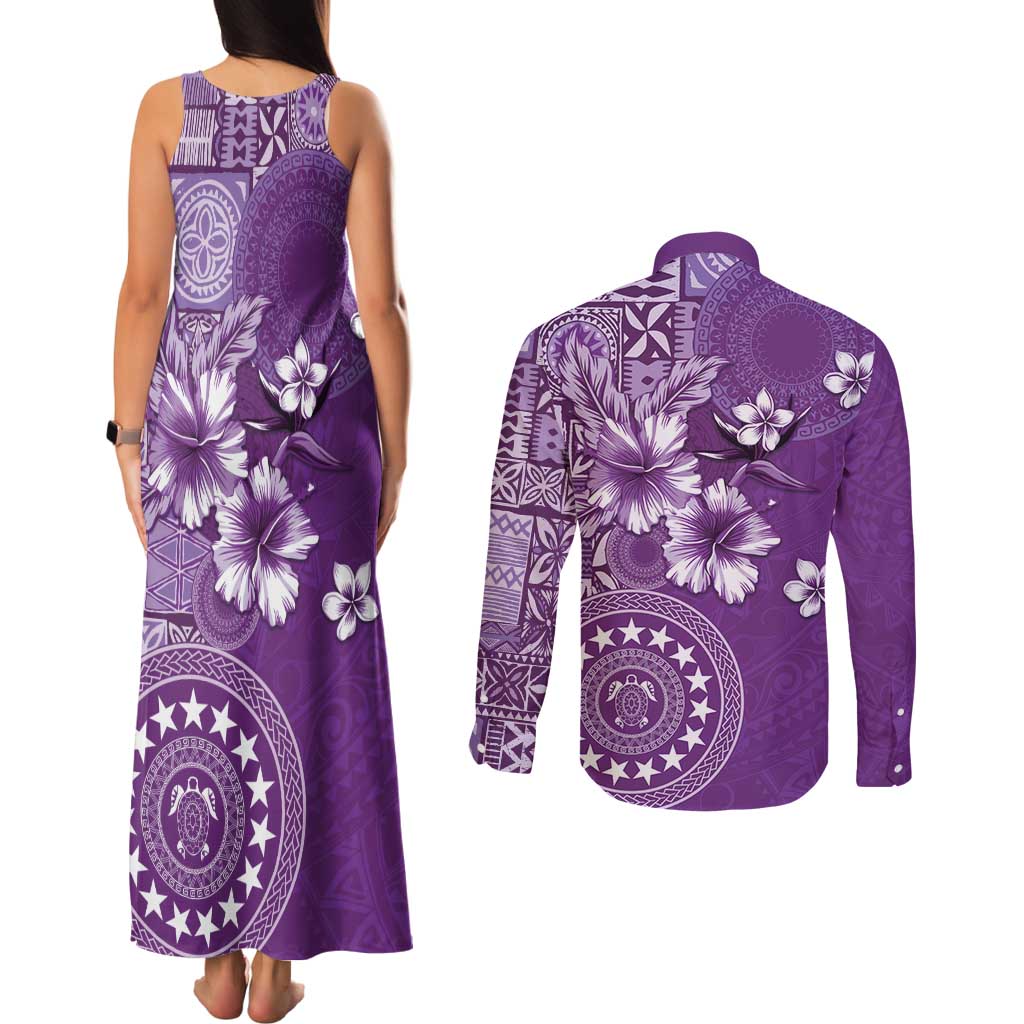 Cook Islands Couples Matching Tank Maxi Dress and Long Sleeve Button Shirt Purple Hibiscus And Stars LT05 - Polynesian Pride