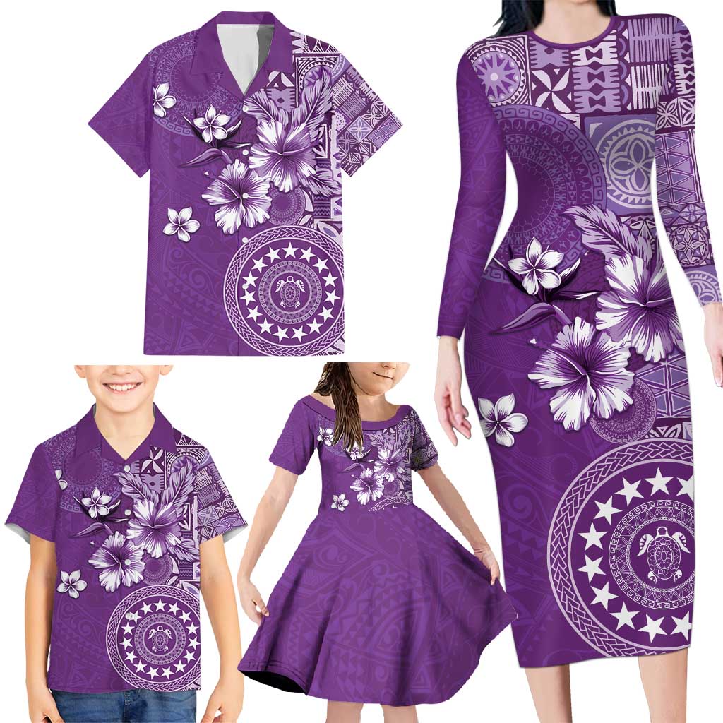 Cook Islands Family Matching Long Sleeve Bodycon Dress and Hawaiian Shirt Purple Hibiscus And Stars LT05 - Polynesian Pride