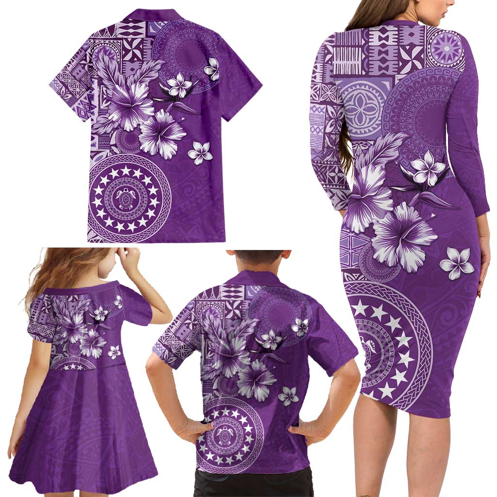 Cook Islands Family Matching Long Sleeve Bodycon Dress and Hawaiian Shirt Purple Hibiscus And Stars LT05 - Polynesian Pride