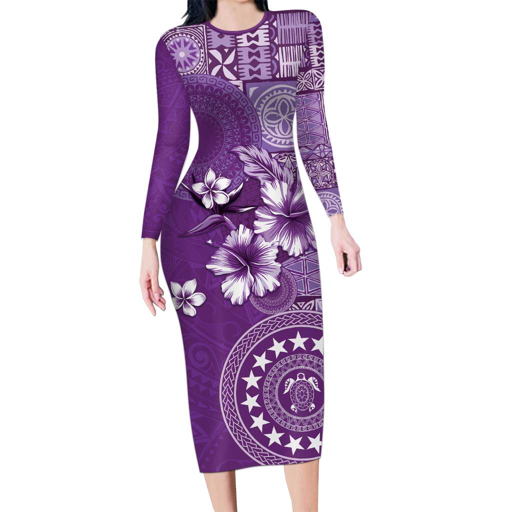 Cook Islands Family Matching Long Sleeve Bodycon Dress and Hawaiian Shirt Purple Hibiscus And Stars LT05 Mom's Dress Purple - Polynesian Pride