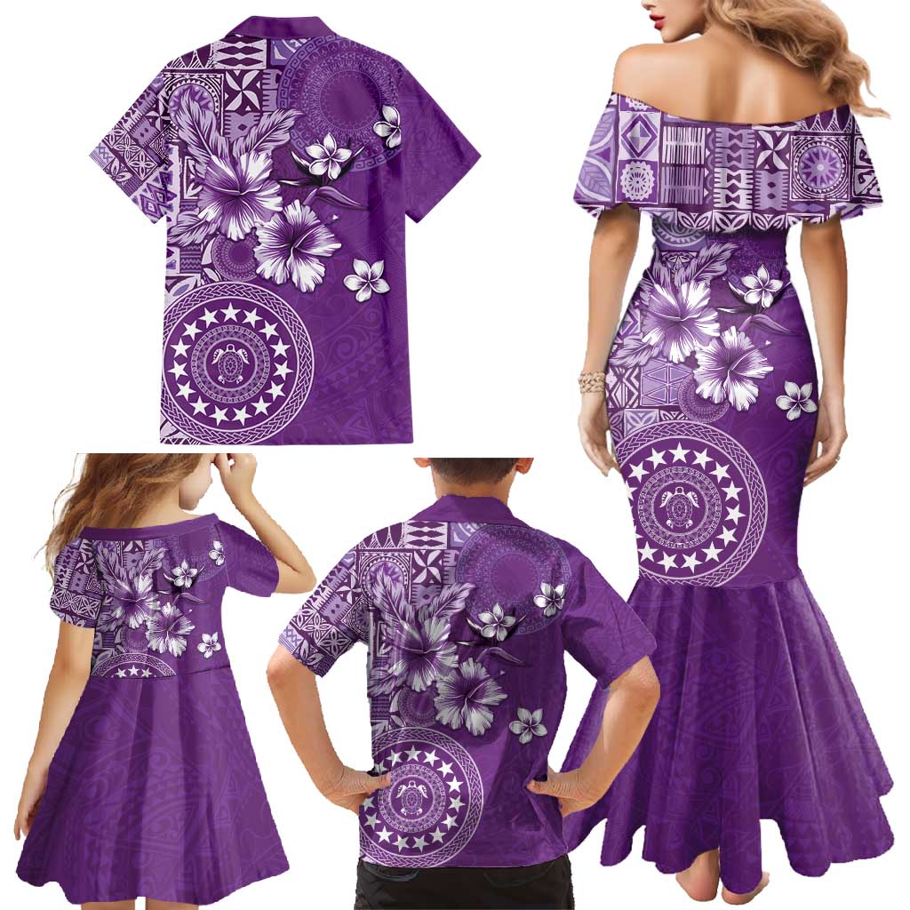 Cook Islands Family Matching Mermaid Dress and Hawaiian Shirt Purple Hibiscus And Stars LT05 - Polynesian Pride
