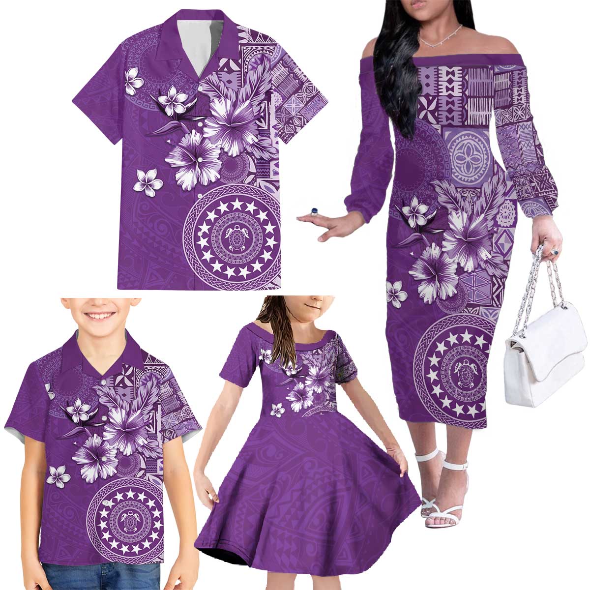 Cook Islands Family Matching Off The Shoulder Long Sleeve Dress and Hawaiian Shirt Purple Hibiscus And Stars LT05 - Polynesian Pride