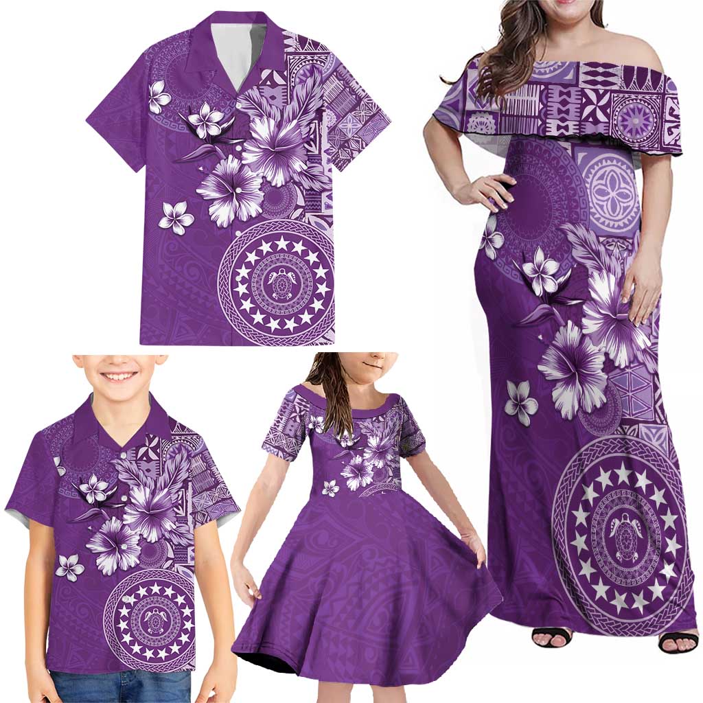 Cook Islands Family Matching Off Shoulder Maxi Dress and Hawaiian Shirt Purple Hibiscus And Stars LT05 - Polynesian Pride