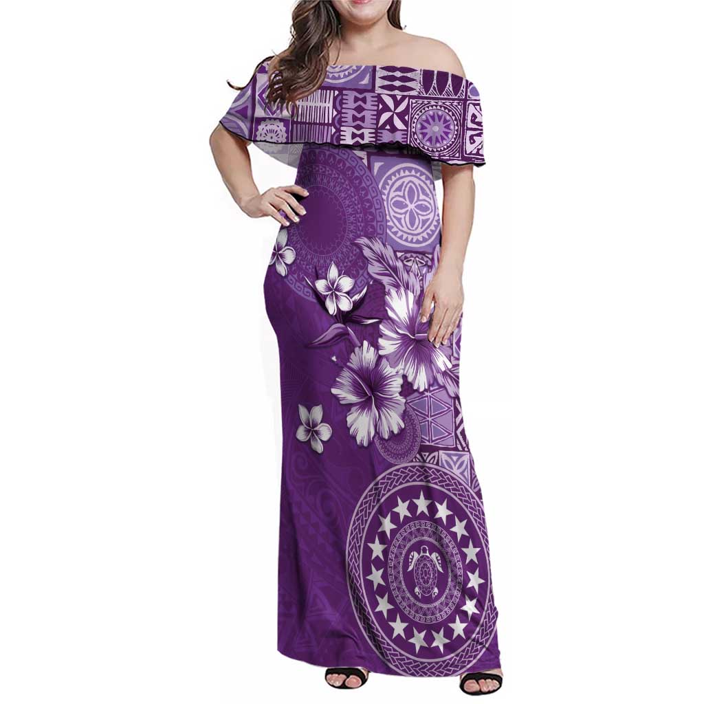 Cook Islands Family Matching Off Shoulder Maxi Dress and Hawaiian Shirt Purple Hibiscus And Stars LT05 Mom's Dress Purple - Polynesian Pride