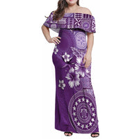 Cook Islands Family Matching Off Shoulder Maxi Dress and Hawaiian Shirt Purple Hibiscus And Stars LT05 Mom's Dress Purple - Polynesian Pride