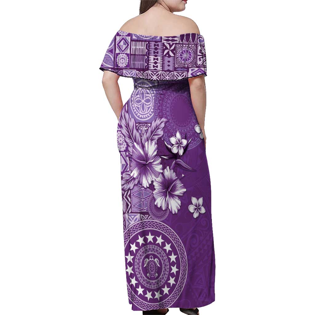 Cook Islands Family Matching Off Shoulder Maxi Dress and Hawaiian Shirt Purple Hibiscus And Stars LT05 - Polynesian Pride