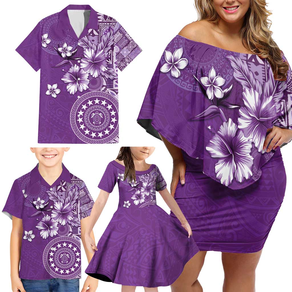 Cook Islands Family Matching Off Shoulder Short Dress and Hawaiian Shirt Purple Hibiscus And Stars LT05 - Polynesian Pride