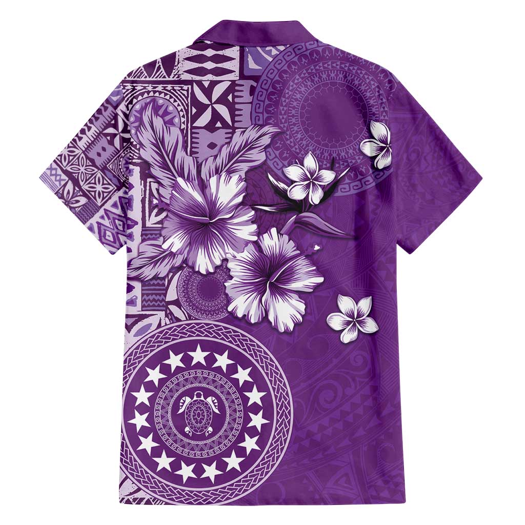 Cook Islands Family Matching Off Shoulder Short Dress and Hawaiian Shirt Purple Hibiscus And Stars LT05 - Polynesian Pride
