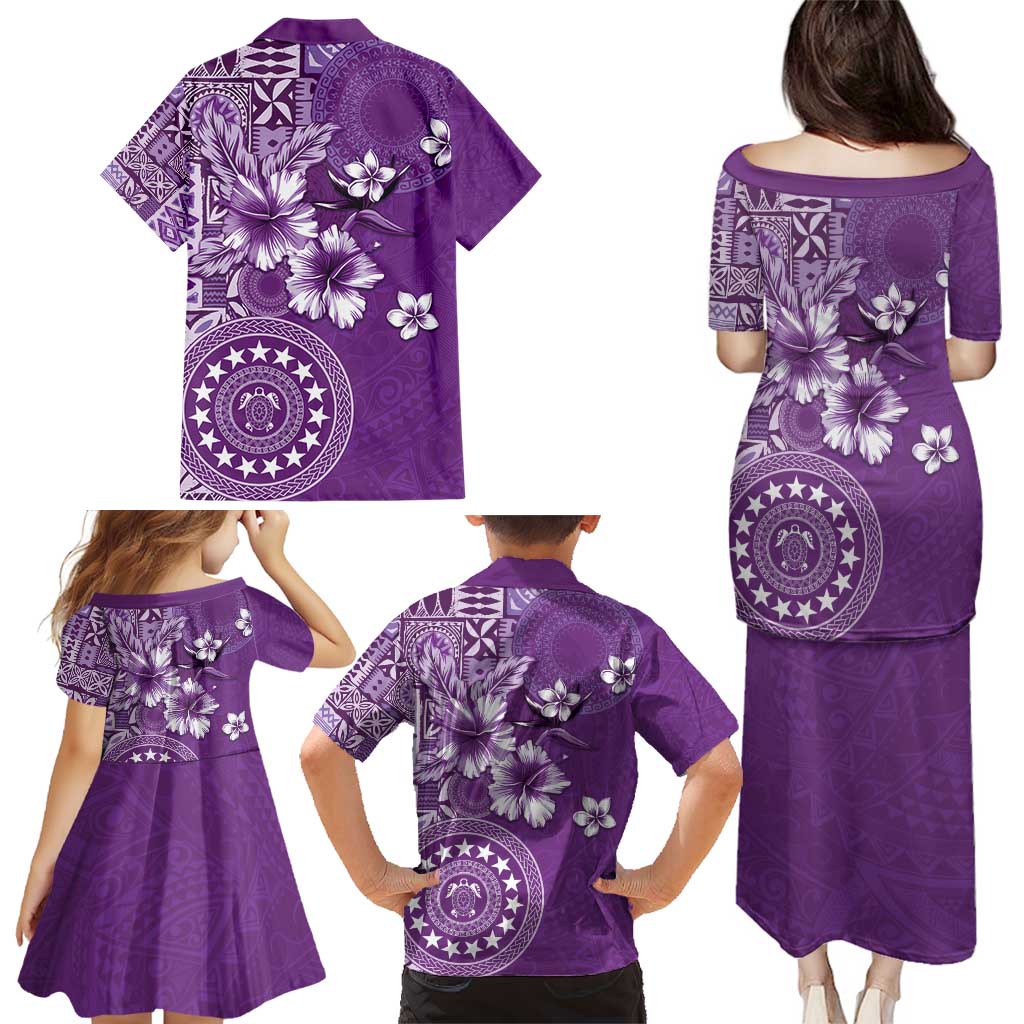 Cook Islands Family Matching Puletasi and Hawaiian Shirt Purple Hibiscus And Stars LT05 - Polynesian Pride
