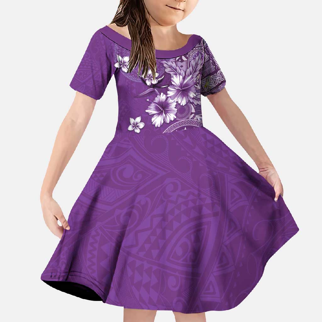 Cook Islands Family Matching Short Sleeve Bodycon Dress and Hawaiian Shirt Purple Hibiscus And Stars LT05 Daughter's Dress Purple - Polynesian Pride