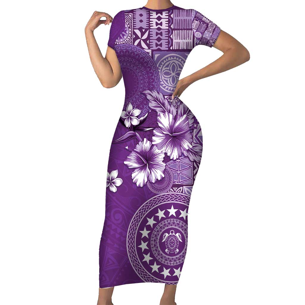 Cook Islands Family Matching Short Sleeve Bodycon Dress and Hawaiian Shirt Purple Hibiscus And Stars LT05 Mom's Dress Purple - Polynesian Pride