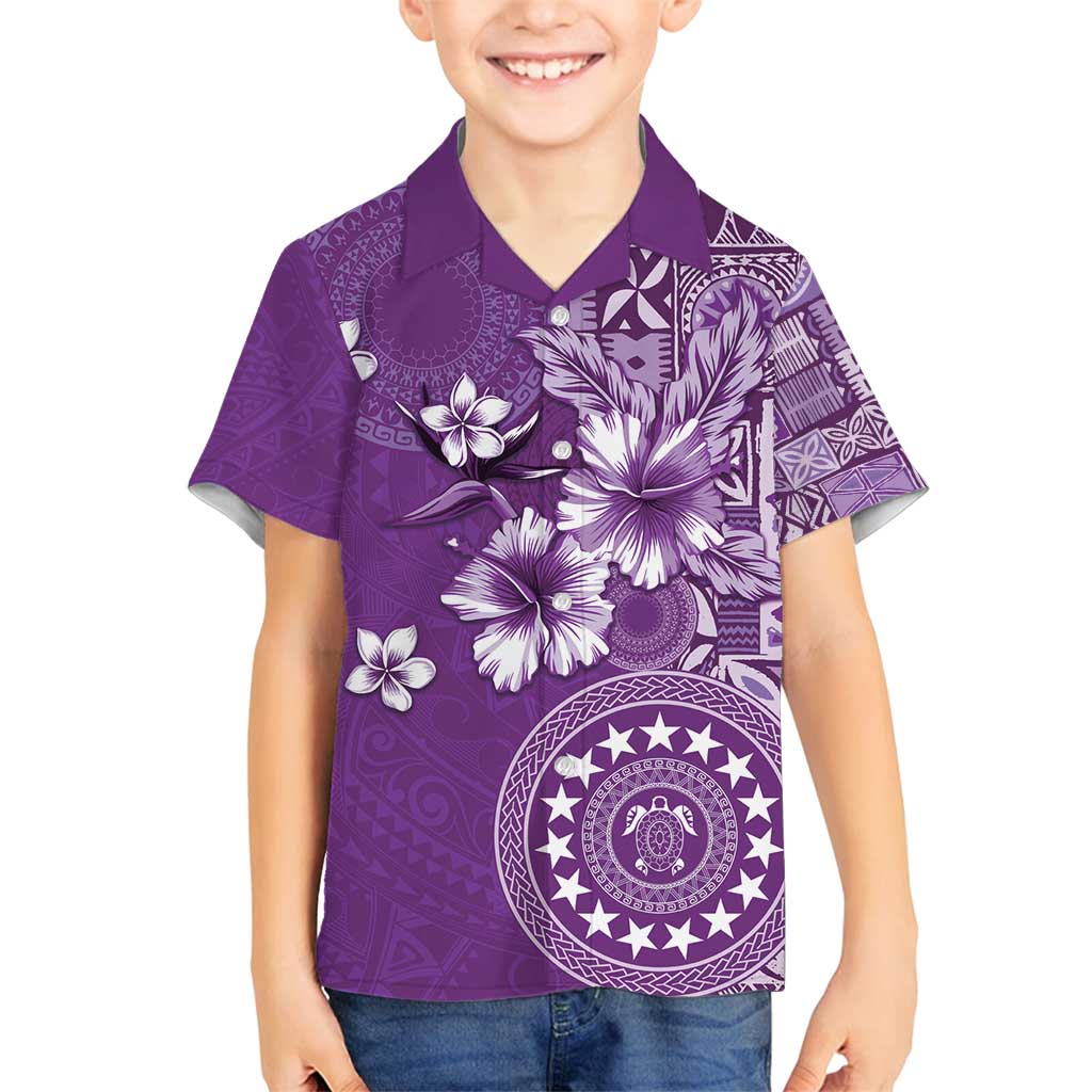 Cook Islands Family Matching Summer Maxi Dress and Hawaiian Shirt Purple Hibiscus And Stars LT05 Son's Shirt Purple - Polynesian Pride