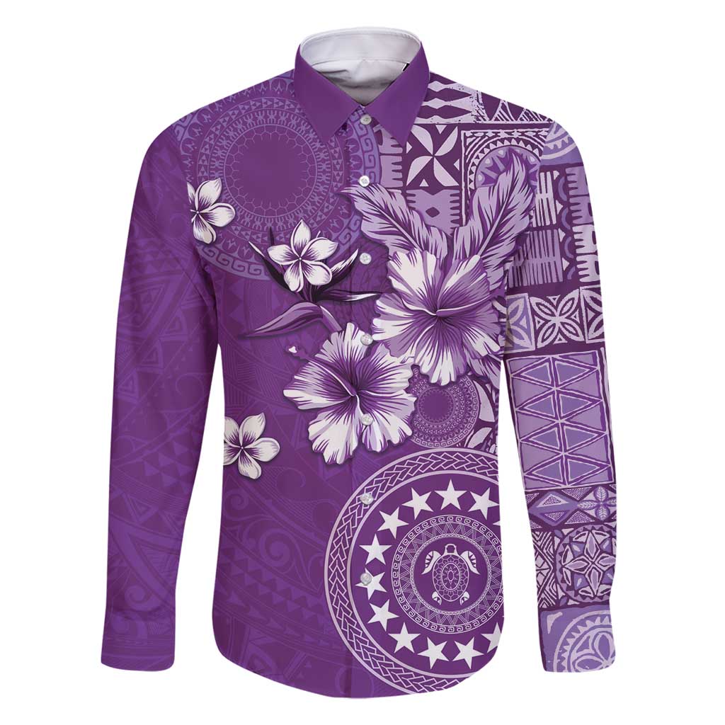 Cook Islands Family Matching Tank Maxi Dress and Hawaiian Shirt Purple Hibiscus And Stars LT05 Dad's Shirt - Long Sleeve Purple - Polynesian Pride