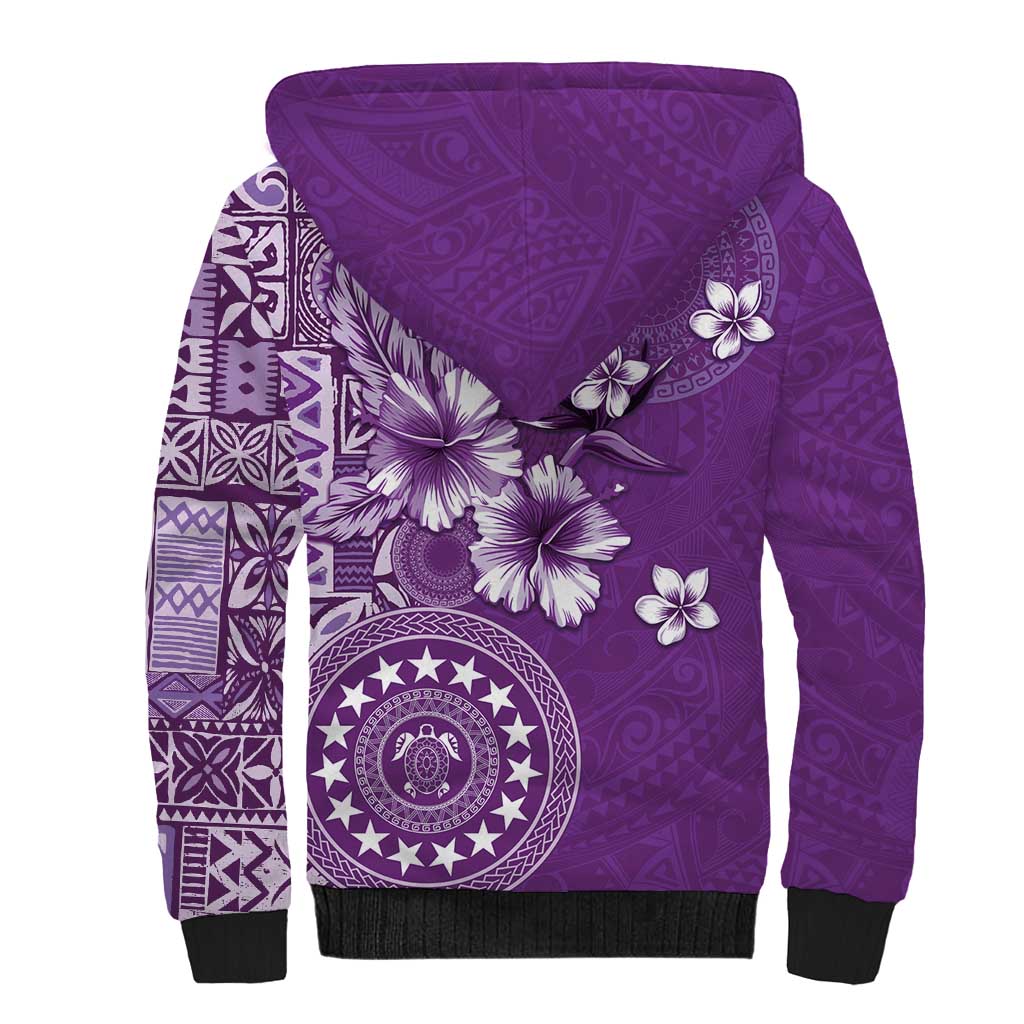 Cook Islands Sherpa Hoodie Purple Hibiscus And Stars LT05 - Polynesian Pride