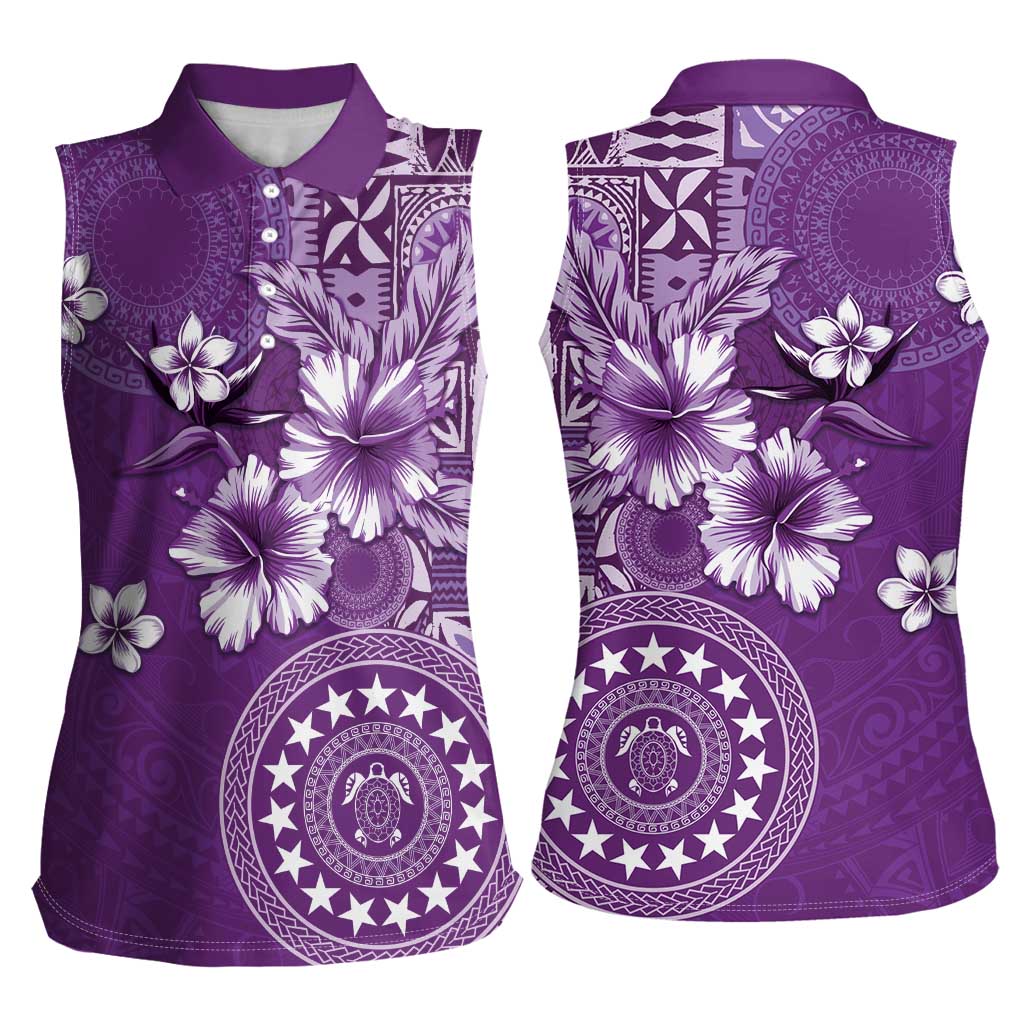 Cook Islands Women Sleeveless Polo Shirt Purple Hibiscus And Stars LT05 - Polynesian Pride