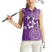 Cook Islands Women Sleeveless Polo Shirt Purple Hibiscus And Stars LT05 - Polynesian Pride
