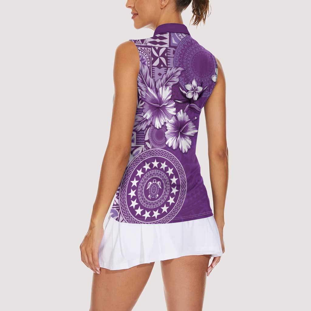 Cook Islands Women Sleeveless Polo Shirt Purple Hibiscus And Stars LT05 - Polynesian Pride