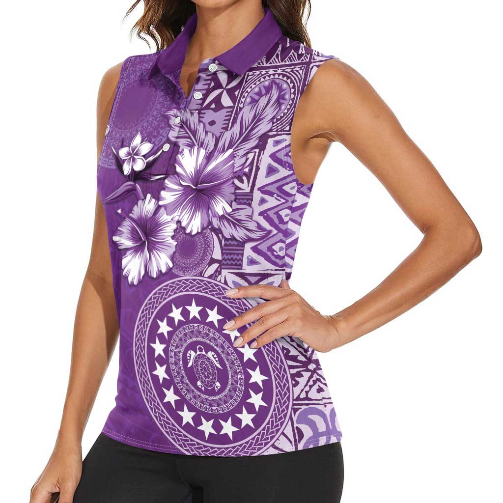 Cook Islands Women Sleeveless Polo Shirt Purple Hibiscus And Stars LT05 - Polynesian Pride