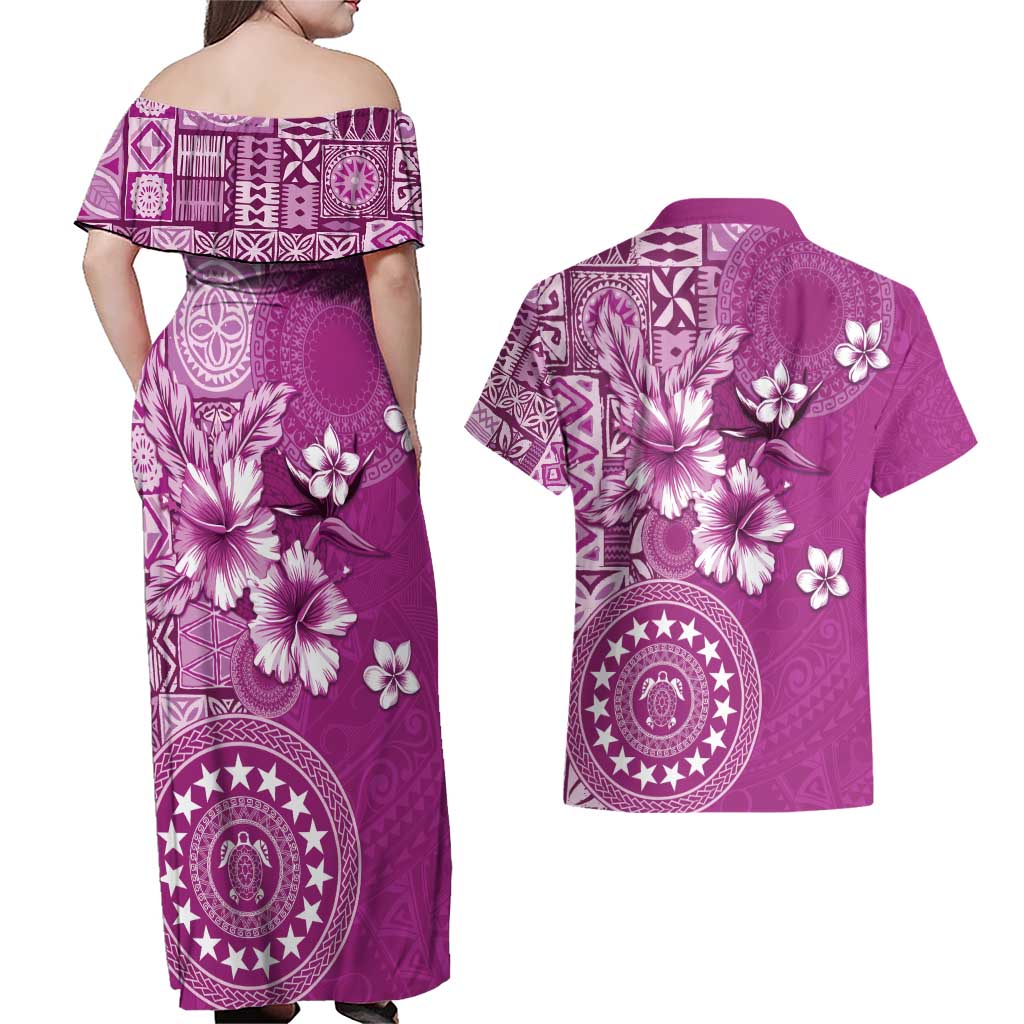 Cook Islands Couples Matching Off Shoulder Maxi Dress and Hawaiian Shirt Fandango Hibiscus And Stars LT05 - Polynesian Pride