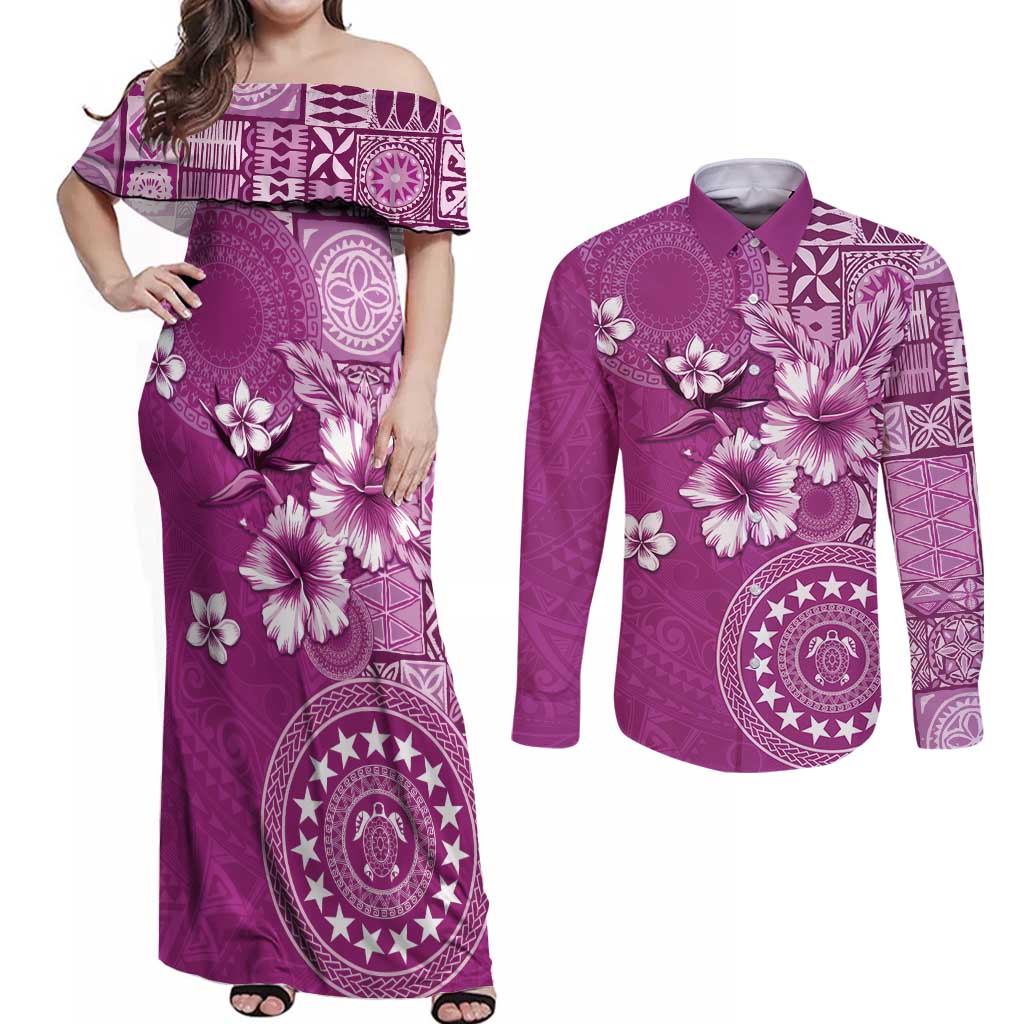 Cook Islands Couples Matching Off Shoulder Maxi Dress and Long Sleeve Button Shirt Fandango Hibiscus And Stars LT05 Fandango - Polynesian Pride