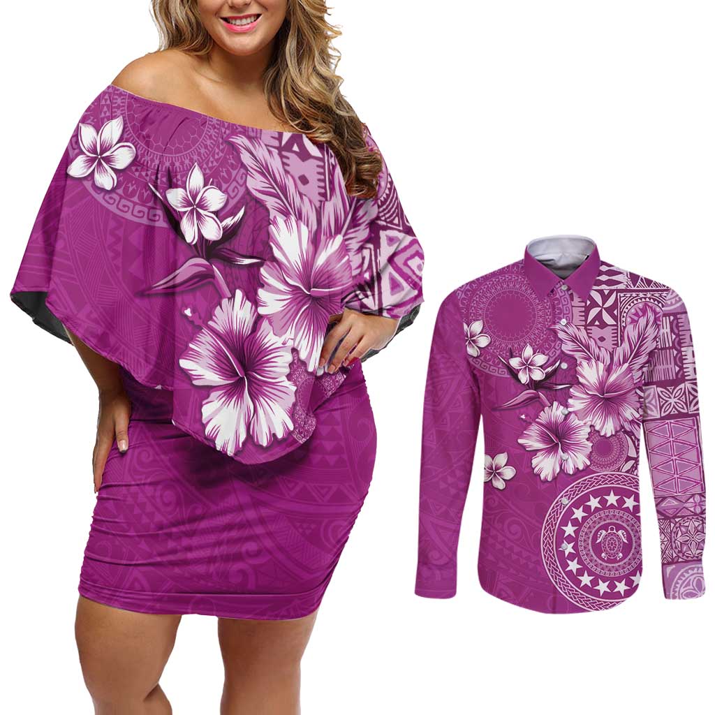 Cook Islands Couples Matching Off Shoulder Short Dress and Long Sleeve Button Shirt Fandango Hibiscus And Stars LT05 Fandango - Polynesian Pride