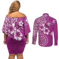 Cook Islands Couples Matching Off Shoulder Short Dress and Long Sleeve Button Shirt Fandango Hibiscus And Stars LT05 - Polynesian Pride