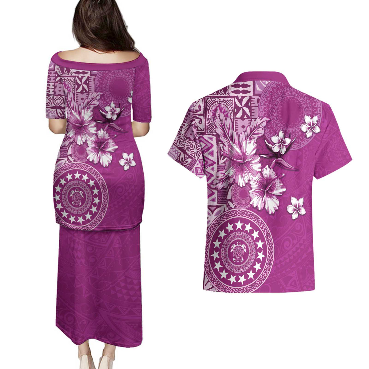Cook Islands Couples Matching Puletasi and Hawaiian Shirt Fandango Hibiscus And Stars LT05 - Polynesian Pride