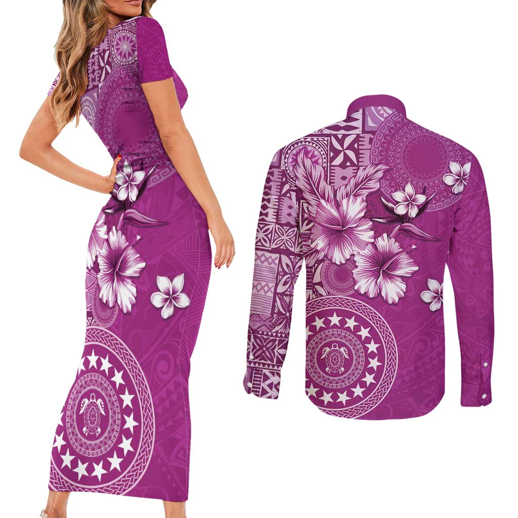 Cook Islands Couples Matching Short Sleeve Bodycon Dress and Long Sleeve Button Shirt Fandango Hibiscus And Stars LT05 - Polynesian Pride