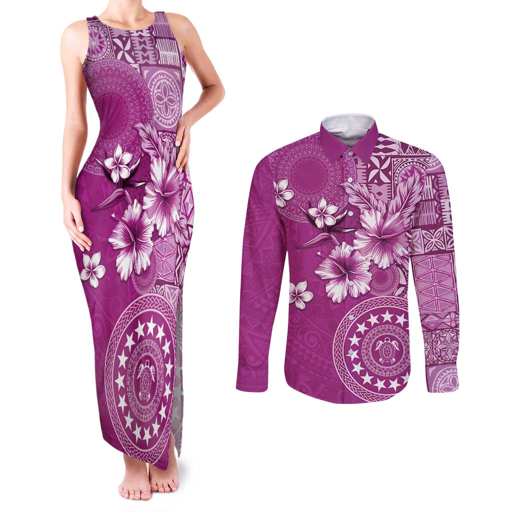 Cook Islands Couples Matching Tank Maxi Dress and Long Sleeve Button Shirt Fandango Hibiscus And Stars LT05 Fandango - Polynesian Pride