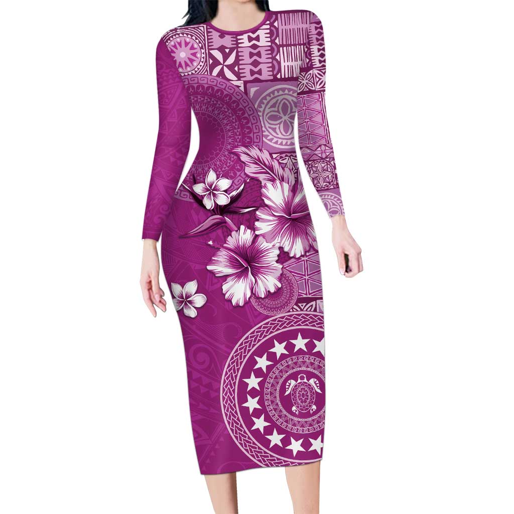 Cook Islands Family Matching Long Sleeve Bodycon Dress and Hawaiian Shirt Fandango Hibiscus And Stars LT05 Mom's Dress Fandango - Polynesian Pride