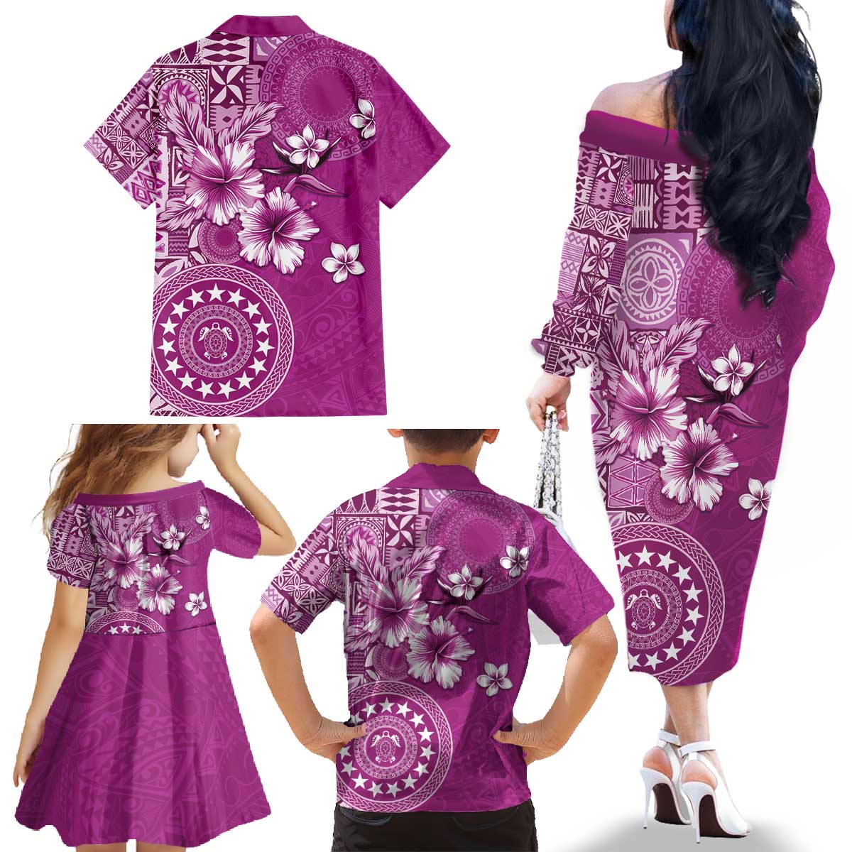 Cook Islands Family Matching Off The Shoulder Long Sleeve Dress and Hawaiian Shirt Fandango Hibiscus And Stars LT05 - Polynesian Pride