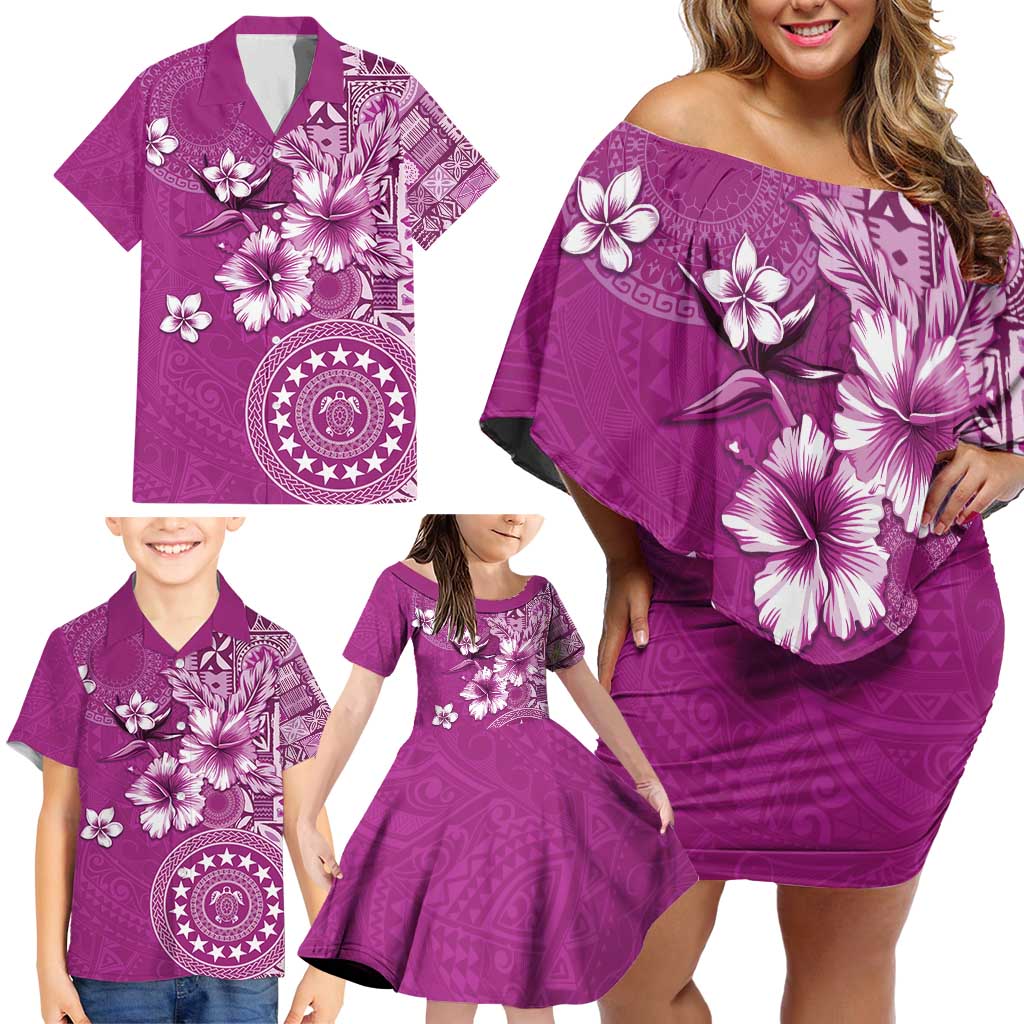 Cook Islands Family Matching Off Shoulder Short Dress and Hawaiian Shirt Fandango Hibiscus And Stars LT05 - Polynesian Pride