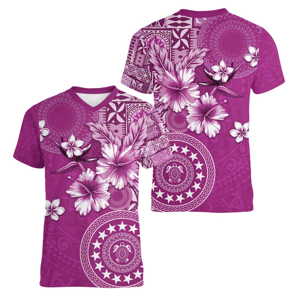 Cook Islands Women V-Neck T-Shirt Fandango Hibiscus And Stars
